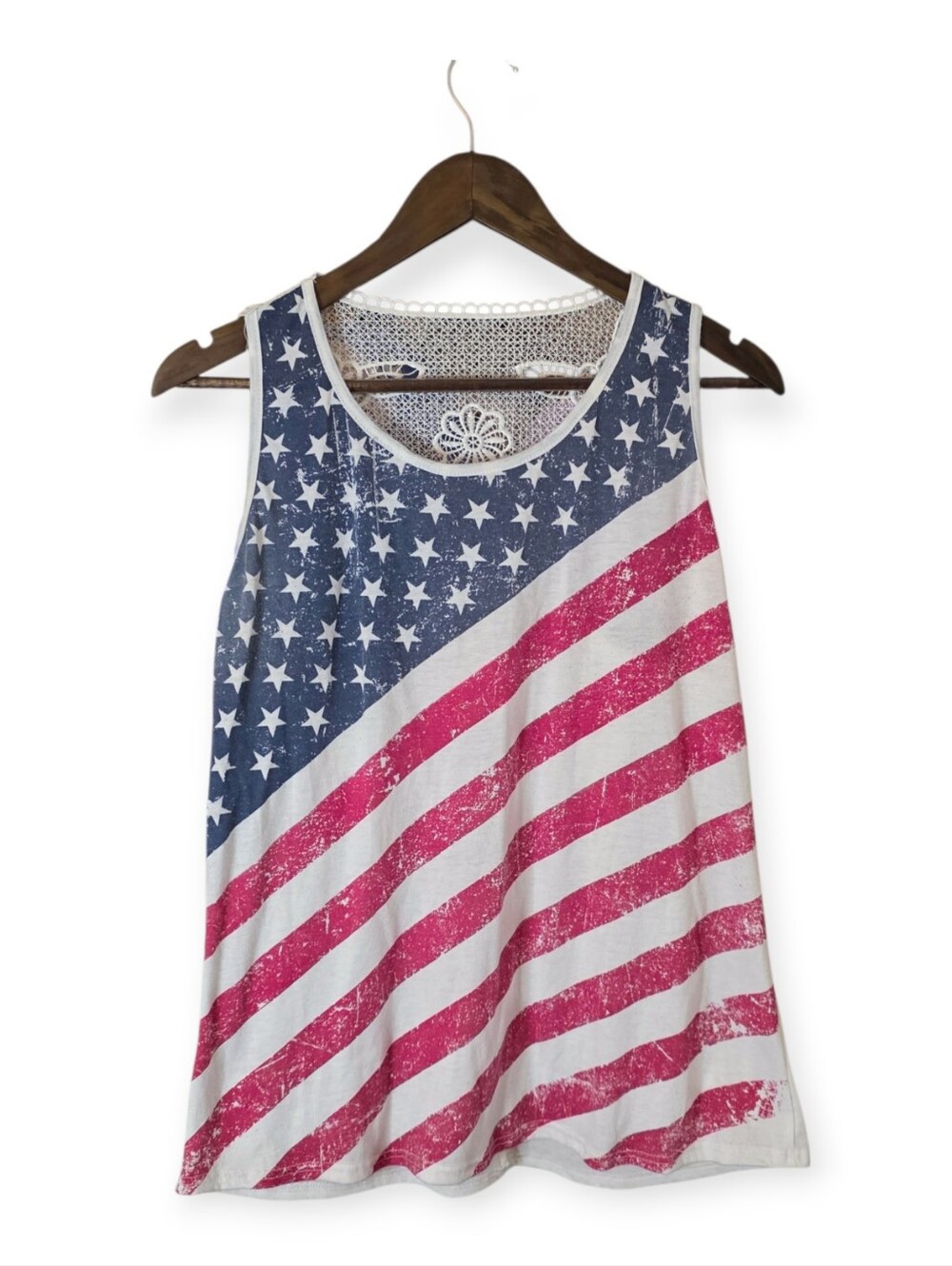 Rue Juju American Flag Crochet Back Tank Top Women's Small - Picture 2 of 5
